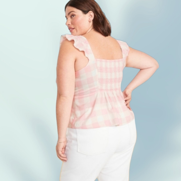 🌸Old Navy Pink Sleeveless Ruffle Trim Smocked Gingham Top - Picture 2 of 9